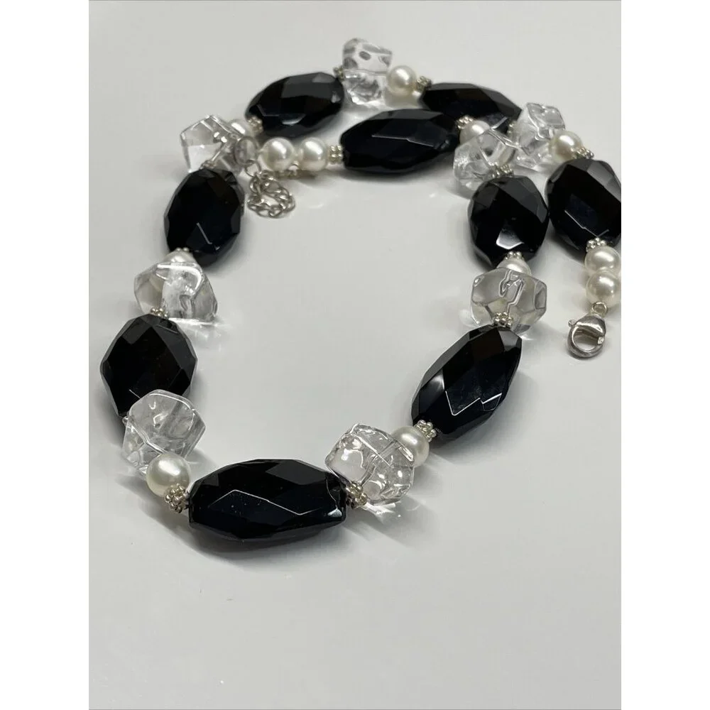 Lucas Lamenth black Faceted Glass Pearl Natural Stone Necklace LUC‎ 925 AL4.2